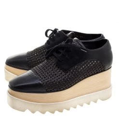 Stella McCartney Black Woven Faux Leather Canyon Wicker Elyse Platform Brogues Size 36.5 For Women -Stella McCartney Sales luxury women stella mccartney used shoes p121098 0004