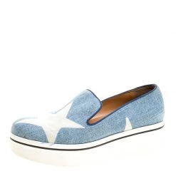 Stella McCartney Light Wash Star Printed Denim Binx Platform Slip On Sneakers Size 40 For Women
