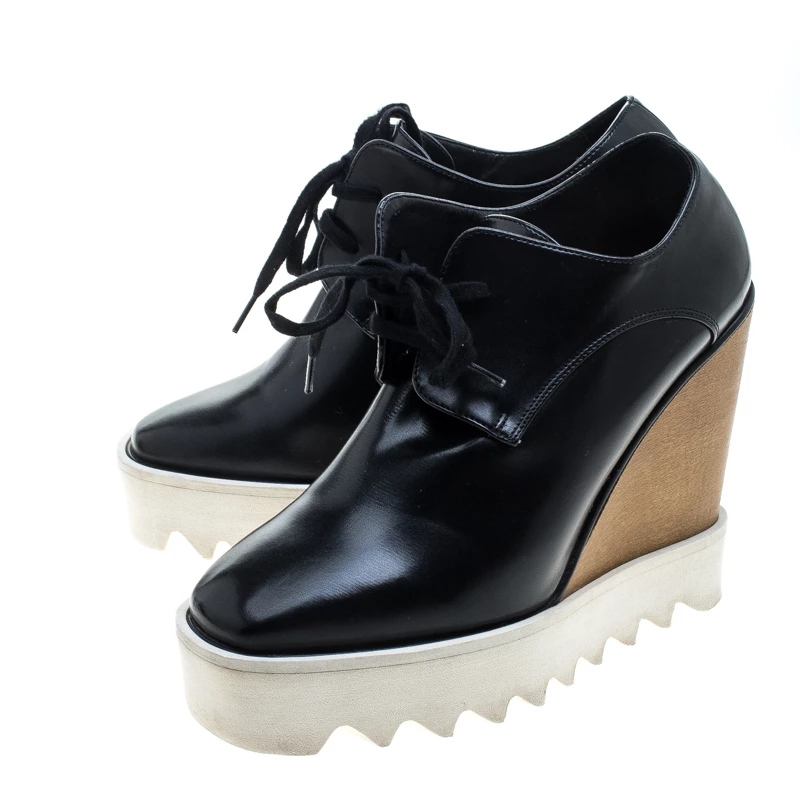 Stella McCartney Black Faux Leather Leana Wooden Wedge Lace Up Derby Size 36 For Women 6 Stella McCartney Black Faux Leather Leana Wooden Wedge Lace Up Derby Size 36 For Women - Image 4
