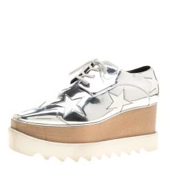 Stella McCartney Metallic Silver Faux Leather Indium Elyse Star Platform Derby Size 38 For Women