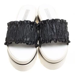 Stella McCartney Black Ruffle Faux Leather Platform Slide Sandals Size 38 For Women -Stella McCartney Sales luxury women stella mccartney used shoes p154518 0003