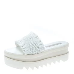 Stella McCartney White Ruched Faux Leather Platform Slides Size 38 For Women