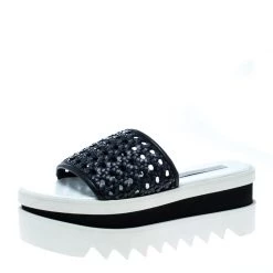 Stella McCartney Black Faux Woven Leather Wicker Platform Slides Size 37 For Women