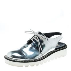 Stella McCartney Metallic Silver Faux Leather Odette Slingback Derby Size 41 For Women