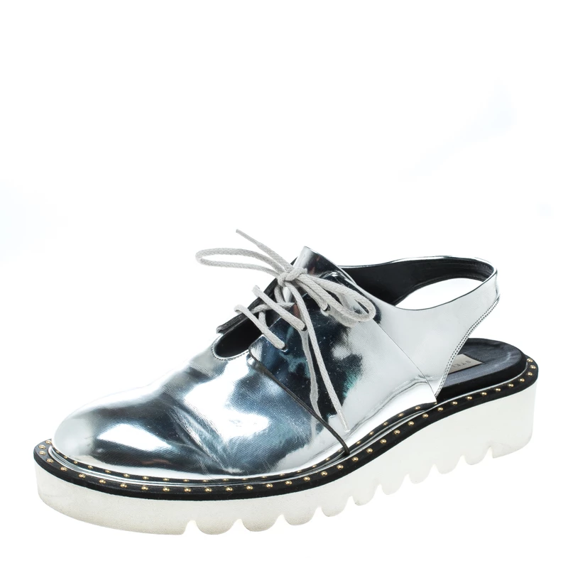 Stella McCartney Metallic Silver Faux Leather Odette Slingback Derby Size 41 For Women 3 Stella McCartney Metallic Silver Faux Leather Odette Slingback Derby Size 41 For Women