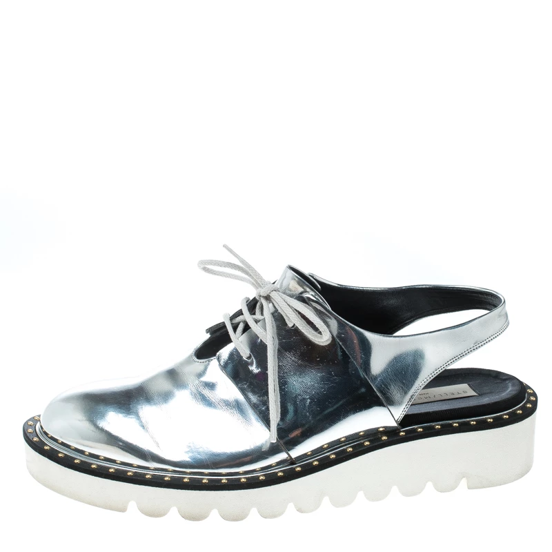 Stella McCartney Metallic Silver Faux Leather Odette Slingback Derby Size 41 For Women 4 Stella McCartney Metallic Silver Faux Leather Odette Slingback Derby Size 41 For Women - Image 2