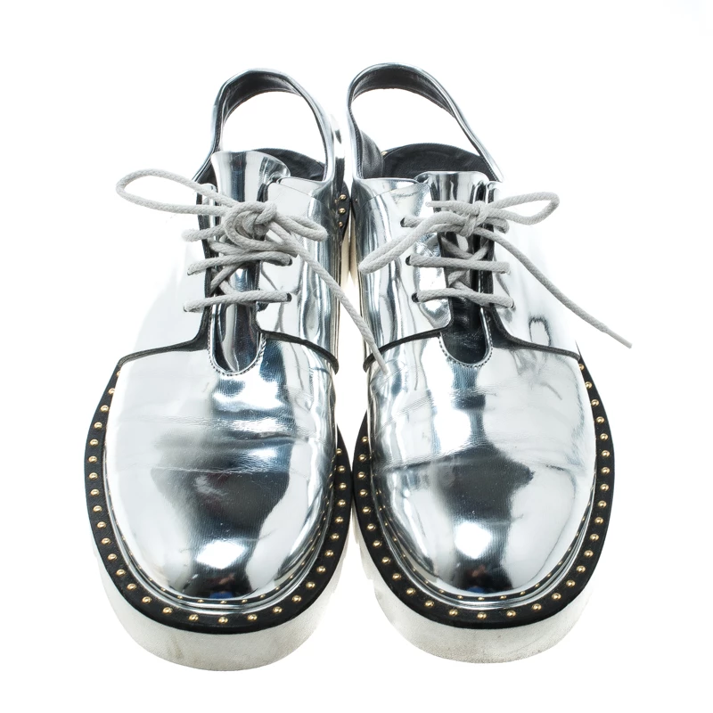 Stella McCartney Metallic Silver Faux Leather Odette Slingback Derby Size 41 For Women 5 Stella McCartney Metallic Silver Faux Leather Odette Slingback Derby Size 41 For Women - Image 3