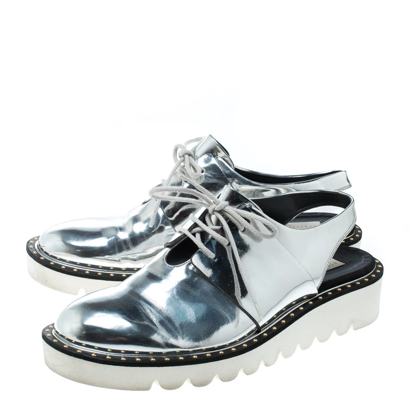 Stella McCartney Metallic Silver Faux Leather Odette Slingback Derby Size 41 For Women 6 Stella McCartney Metallic Silver Faux Leather Odette Slingback Derby Size 41 For Women - Image 4