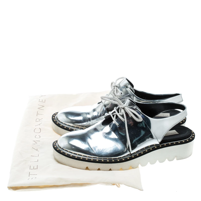 Stella McCartney Metallic Silver Faux Leather Odette Slingback Derby Size 41 For Women 10 Stella McCartney Metallic Silver Faux Leather Odette Slingback Derby Size 41 For Women - Image 8