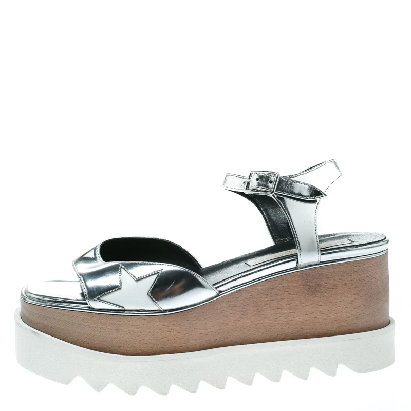 Stella McCartney Silver Faux Leather Indium Elyse Star Wedge Sandals Size 38 For Women 4 Stella McCartney Silver Faux Leather Indium Elyse Star Wedge Sandals Size 38 For Women - Image 2