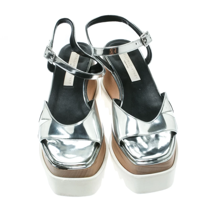 Stella McCartney Silver Faux Leather Indium Elyse Star Wedge Sandals Size 38 For Women 5 Stella McCartney Silver Faux Leather Indium Elyse Star Wedge Sandals Size 38 For Women - Image 3