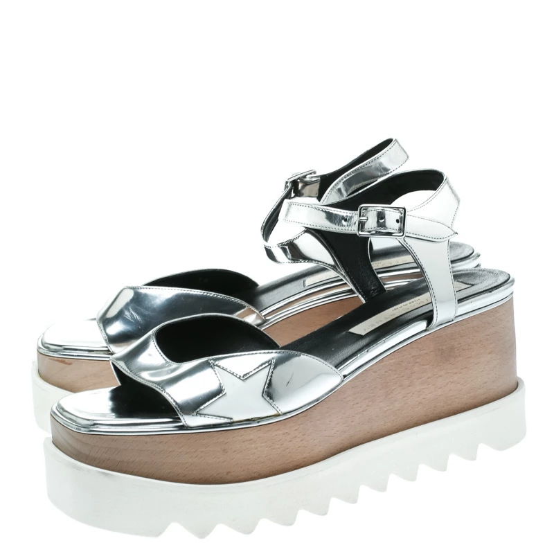 Stella McCartney Silver Faux Leather Indium Elyse Star Wedge Sandals Size 38 For Women 6 Stella McCartney Silver Faux Leather Indium Elyse Star Wedge Sandals Size 38 For Women - Image 4