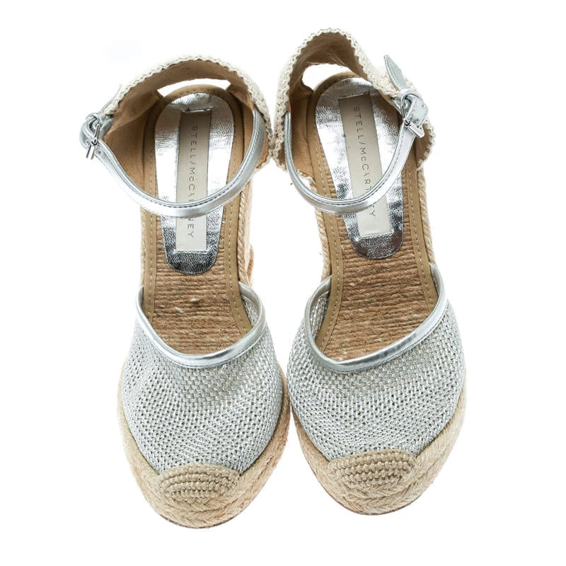 Stella McCartney Metallic Silver Fabric And Faux Leather Espadrille Wedge Sandals Size 36 For Women 5 Stella McCartney Metallic Silver Fabric And Faux Leather Espadrille Wedge Sandals Size 36 For Women - Image 3
