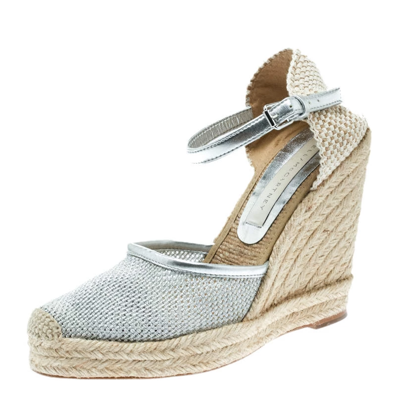 Stella McCartney Metallic Silver Fabric And Faux Leather Espadrille Wedge Sandals Size 36 For Women 3 Stella McCartney Metallic Silver Fabric And Faux Leather Espadrille Wedge Sandals Size 36 For Women