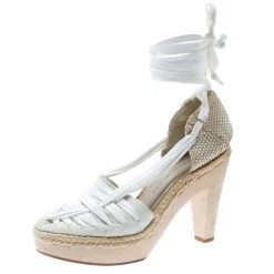 Stella McCartney White Canvas Espadrille Trim Tie Up Block Heel Sandals Size 38 For Women