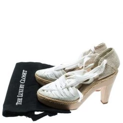 Stella McCartney White Canvas Espadrille Trim Tie Up Block Heel Sandals Size 38 For Women -Stella McCartney Sales luxury women stella mccartney used shoes p177282 008