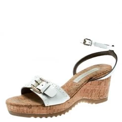 Stella McCartney White Faux Patent Leather Linda Cork Wedge Sandals Size 40 For Women