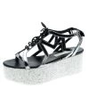 Stella McCartney Metallic Dull Silver Cut Out Faux Leather Hackney Printed Wedge Platform Sandals Size 37 For Women -Stella McCartney Sales luxury women stella mccartney used shoes p186359 003