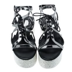 Stella McCartney Metallic Dull Silver Cut Out Faux Leather Hackney Printed Wedge Platform Sandals Size 37 For Women -Stella McCartney Sales luxury women stella mccartney used shoes p186359 006