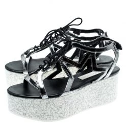 Stella McCartney Metallic Dull Silver Cut Out Faux Leather Hackney Printed Wedge Platform Sandals Size 37 For Women -Stella McCartney Sales luxury women stella mccartney used shoes p186359 007