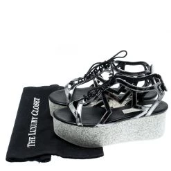 Stella McCartney Metallic Dull Silver Cut Out Faux Leather Hackney Printed Wedge Platform Sandals Size 37 For Women -Stella McCartney Sales luxury women stella mccartney used shoes p186359 008