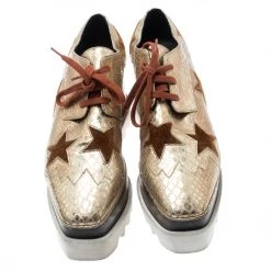 Stella McCartney Metallic Gold Python Effect Faux Leather And Faux Fur Elyse Star Platform Derby Size 38 For Women -Stella McCartney Sales luxury women stella mccartney used shoes p193835 006