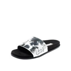 Stella McCartney Metallic Silver/White Leather Star Flat Slides Size 38 For Women