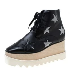 Stella McCartney Black Faux Leather Elyse Star Platform Lace Up Booties Size 36 For Women