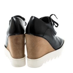 Stella McCartney Black Faux Leather Leana Wooden Wedge Lace-Up Oxfords Size 39 For Women -Stella McCartney Sales luxury women stella mccartney used shoes p222850 004