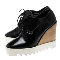 Stella McCartney Black Faux Leather Leana Wooden Wedge Lace-Up Oxfords Size 39 For Women -Stella McCartney Sales luxury women stella mccartney used shoes p222850 009