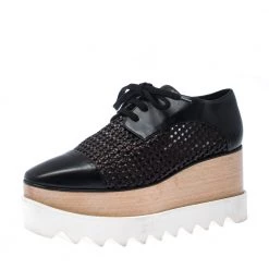 Stella McCartney Black Woven Faux Leather Elyse Platform Derby Size 35 For Women