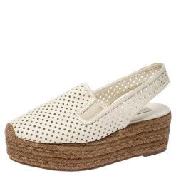 Stella McCartney White Perforated Faux Leather Slingback Espadrilles Platform Sandals Size 38 For Women