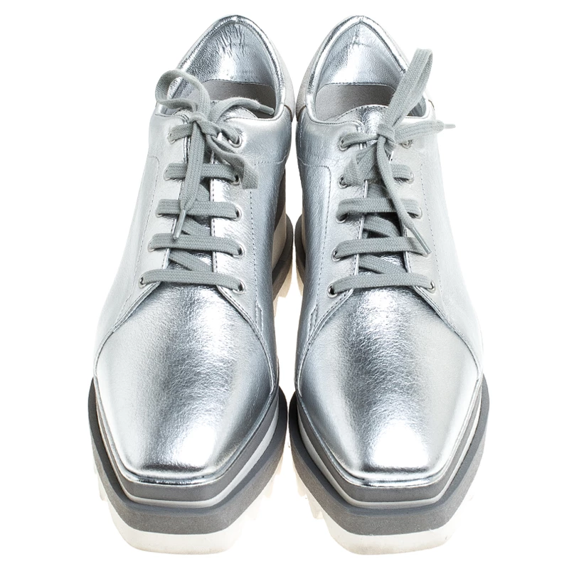 Stella McCartney Silver Metallic Faux Leather Elyse Platform Derby Size 38 For Women 5 Stella McCartney Silver Metallic Faux Leather Elyse Platform Derby Size 38 For Women - Image 3
