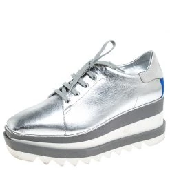 Stella McCartney Silver Metallic Faux Leather Elyse Platform Derby Size 38 For Women
