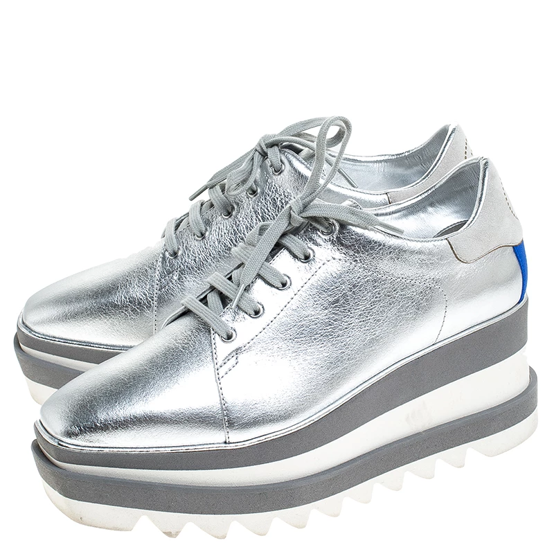 Stella McCartney Silver Metallic Faux Leather Elyse Platform Derby Size 38 For Women 6 Stella McCartney Silver Metallic Faux Leather Elyse Platform Derby Size 38 For Women - Image 4