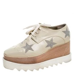 Stella McCartney Beige Faux Leather Elyse Star Platform Lace Up Derby Size 37 For Women