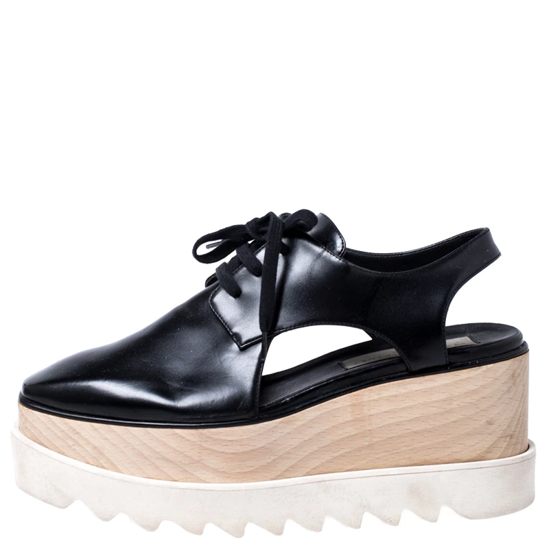 Stella McCartney Black Faux Leather Elyse Cutout Platform Derby Size 36.5 For Women 4 Stella McCartney Black Faux Leather Elyse Cutout Platform Derby Size 36.5 For Women - Image 2