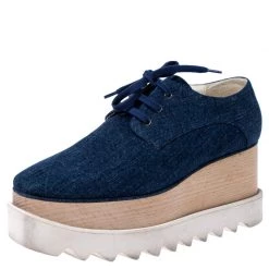 Stella McCartney Blue Denim Fabric Elyse Platform Derby Size 36.5 For Women