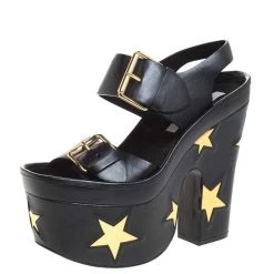 Stella McCartney Black Faux Leather Buckle Block Heel Star Platform Sandals Size 37 For Women