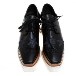 Stella McCartney Black Faux Leather And Glitter Fabric Elyse Star Platform Lace Up Booties Size 38 For Women -Stella McCartney Sales luxury women stella mccartney used shoes p274433 003