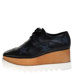 Stella McCartney Black Faux Leather And Glitter Fabric Elyse Star Platform Lace Up Booties Size 38 For Women -Stella McCartney Sales luxury women stella mccartney used shoes p274433 005