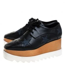 Stella McCartney Black Faux Leather And Glitter Fabric Elyse Star Platform Lace Up Booties Size 38 For Women -Stella McCartney Sales luxury women stella mccartney used shoes p274433 007