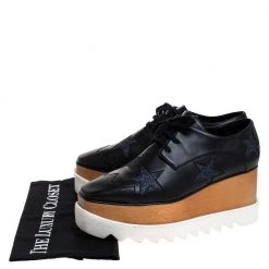 Stella McCartney Black Faux Leather And Glitter Fabric Elyse Star Platform Lace Up Booties Size 38 For Women -Stella McCartney Sales luxury women stella mccartney used shoes p274433 008
