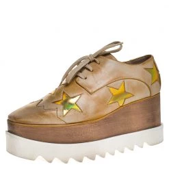 Stella McCartney Sales 38 Stella McCartney Beige Brushed Faux Leather Elyse Star Platform Lace Up Derby Size 36.5 For Women