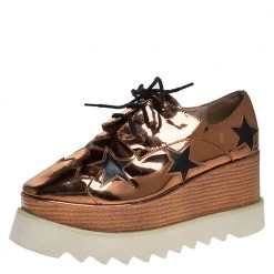 Stella McCartney Metallic Bronze Faux Patent Leather Elyse Star Platform Sneakers Size 37 For Women