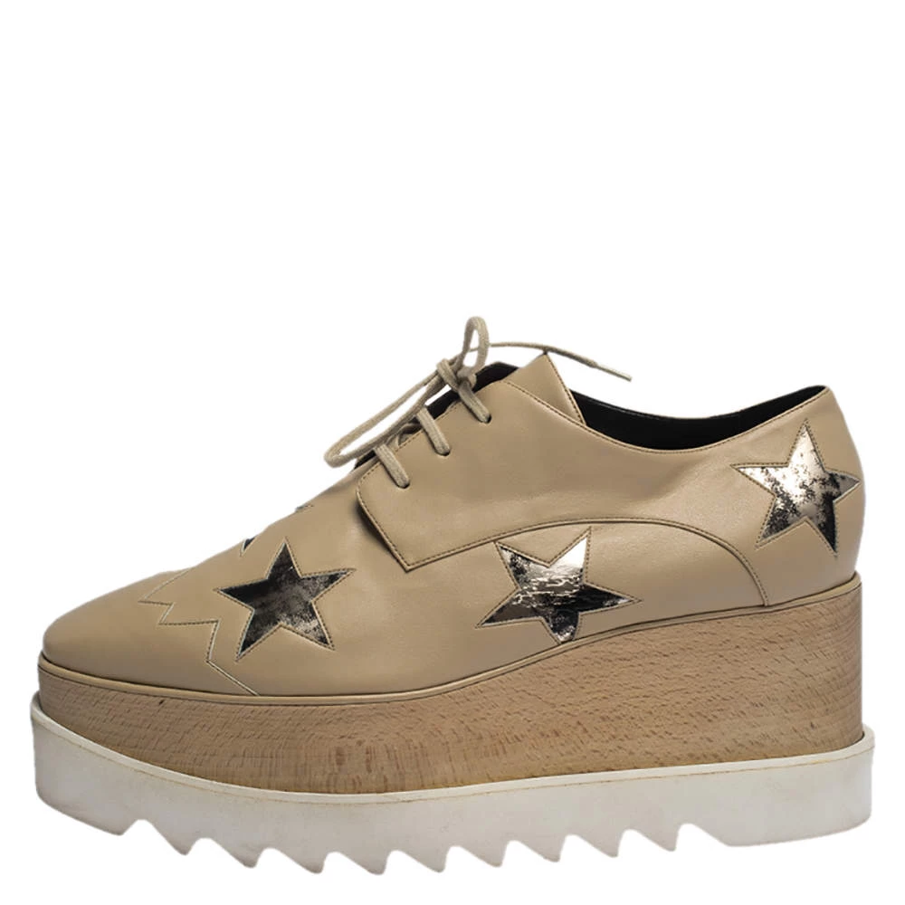 Stella McCartney Beige Faux Leather Elyse Star Platform Lace Up Derby Size 41 For Women 4 Stella McCartney Beige Faux Leather Elyse Star Platform Lace Up Derby Size 41 For Women - Image 2