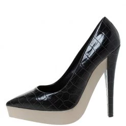 Stella McCartney Black Faux Croc Embossed Leather Platform Pumps Size 38.5 For Women -Stella McCartney Sales luxury women stella mccartney used shoes p286019 005