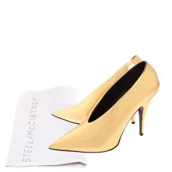 Stella McCartney Metallic Gold Faux Patent Leather V Neck Pointed Toe Pumps Size 38 For Women -Stella McCartney Sales luxury women stella mccartney used shoes p286426 002