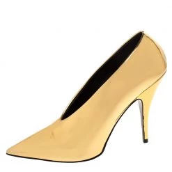 Stella McCartney Metallic Gold Faux Patent Leather V Neck Pointed Toe Pumps Size 38 For Women