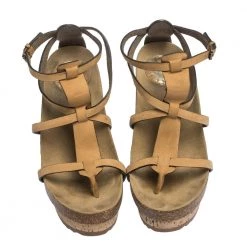 Stella McCartney Tan Faux Nubuck Demetra Cork Wedge Sandals Size 36.5 For Women -Stella McCartney Sales luxury women stella mccartney used shoes p291823 004